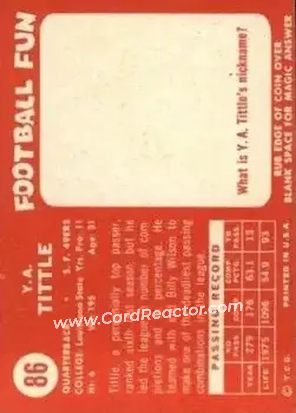 1958 Topps #86 - Y.A. Tittle - San Francisco 49ers - Back