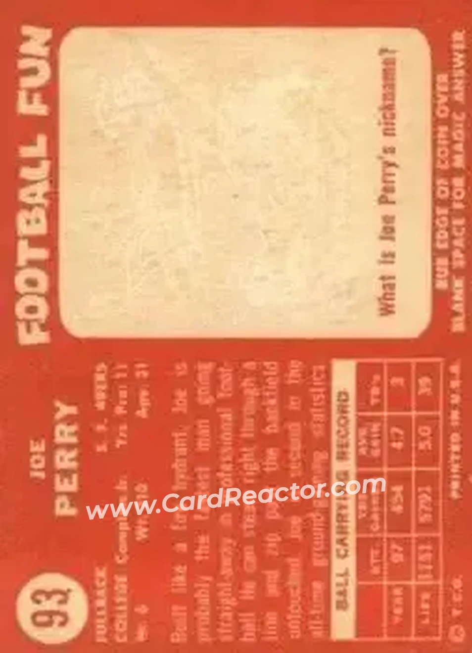 1958 Topps #93 - Joe Perry - San Francisco 49ers - Back