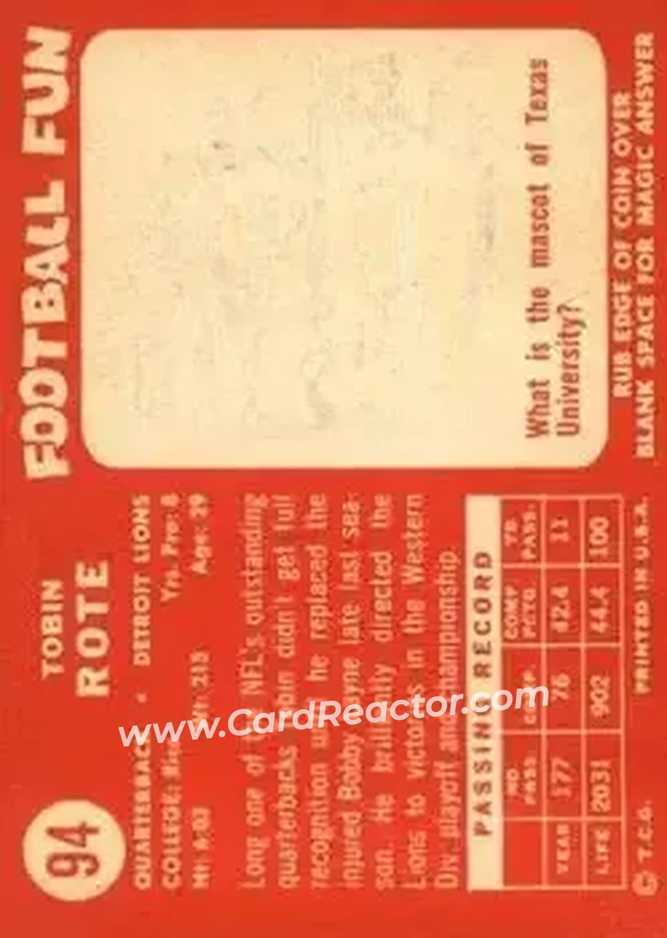 1958 Topps #94 - Tobin Rote - Detroit Lions - Back