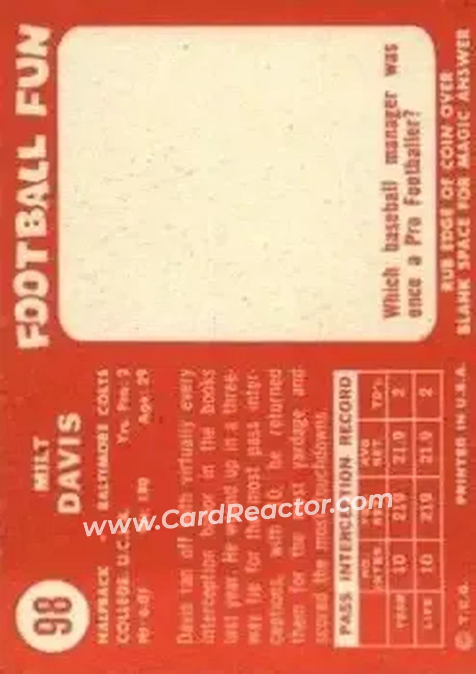 1958 Topps #98 - Milt Davis - Baltimore Colts - Back
