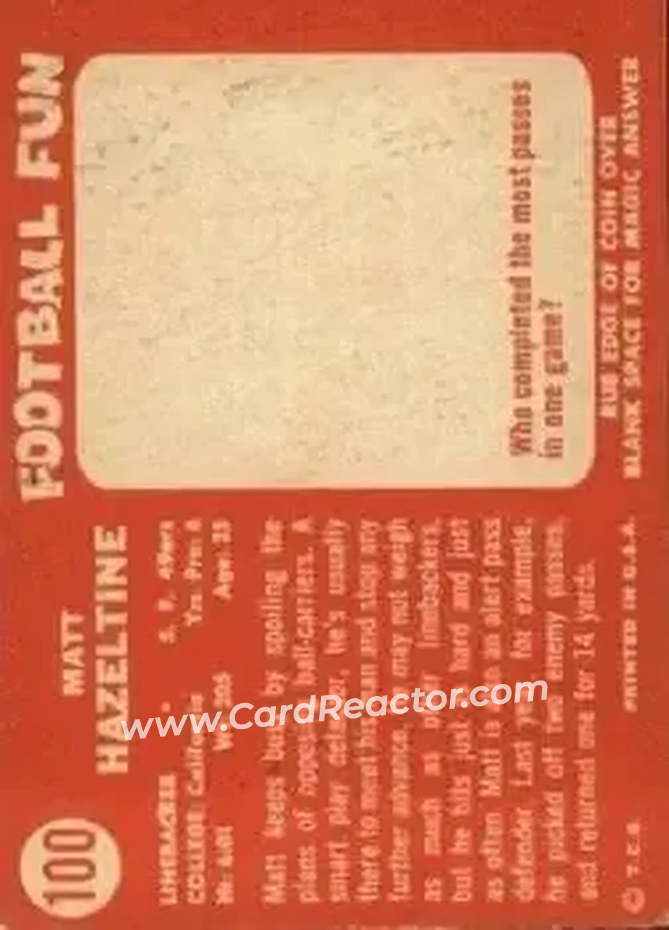 1958 Topps #100 - Matt Hazeltine - San Francisco 49ers - Back