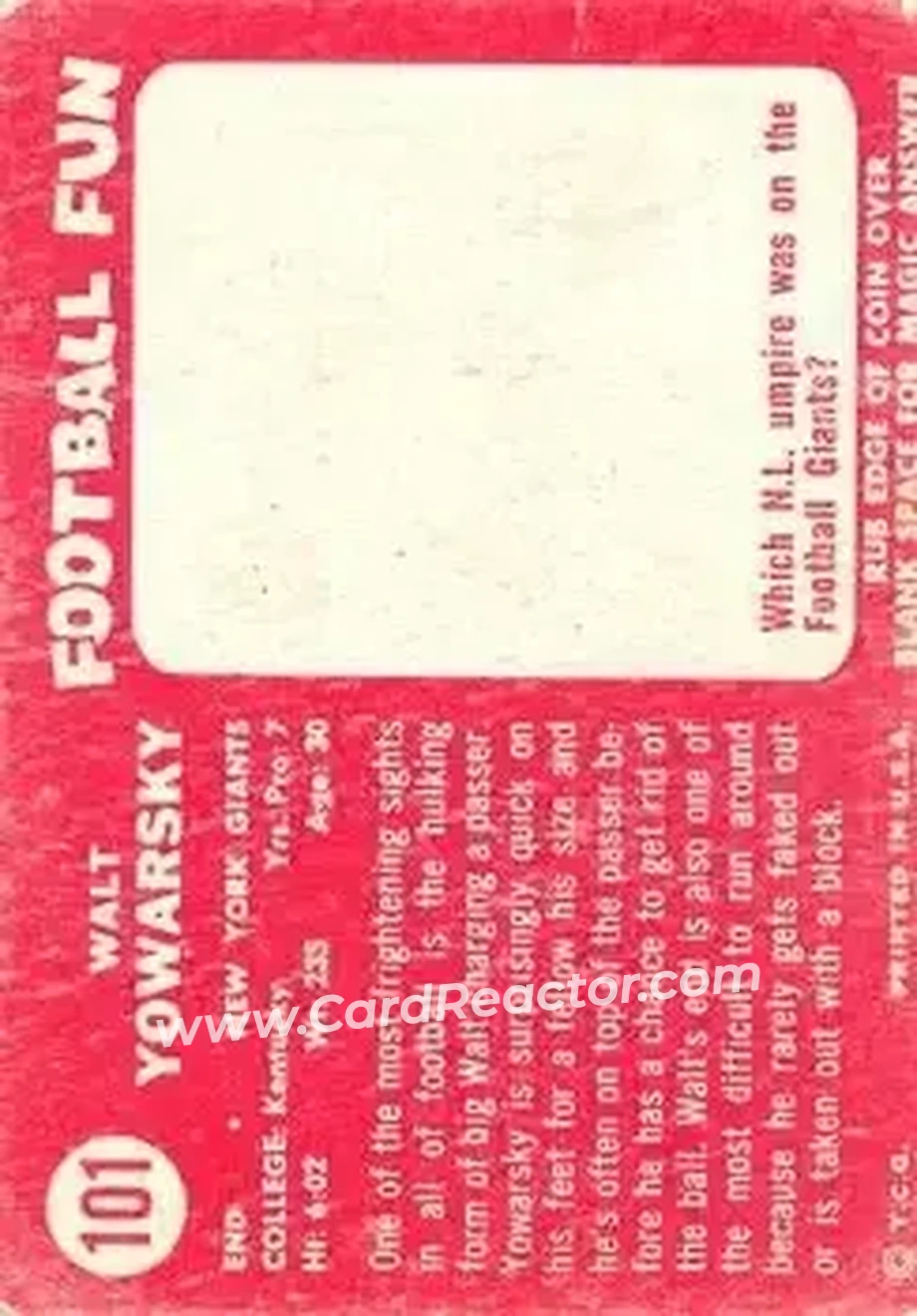 1958 Topps #101 - Walt Yowarsky - New York Giants - Back