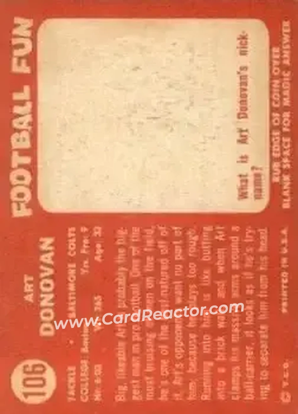 1958 Topps #106 - Art Donovan - Baltimore Colts - Back