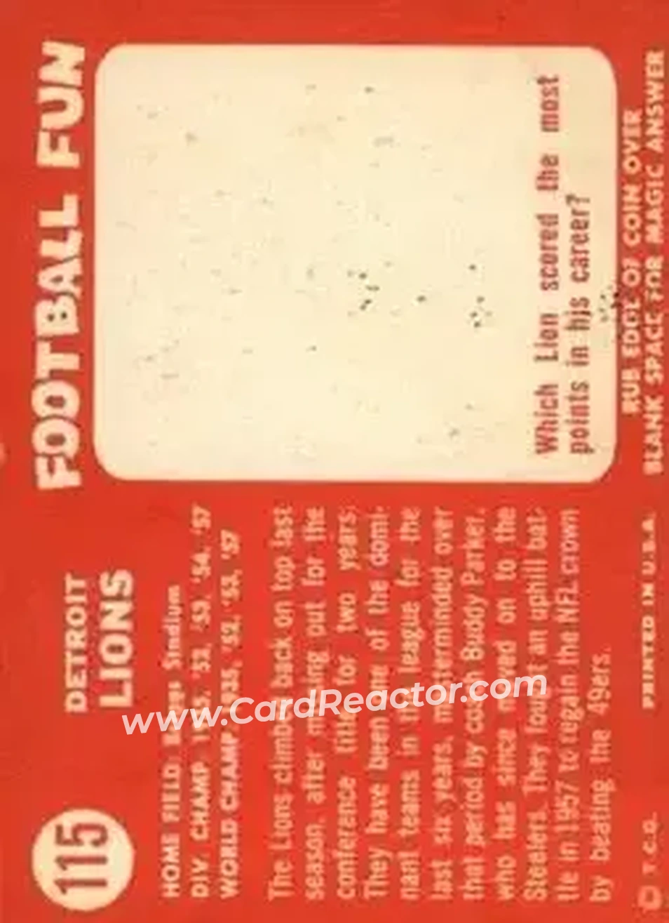 1958 Topps #115 - Card #115 - Detroit Lions - Back