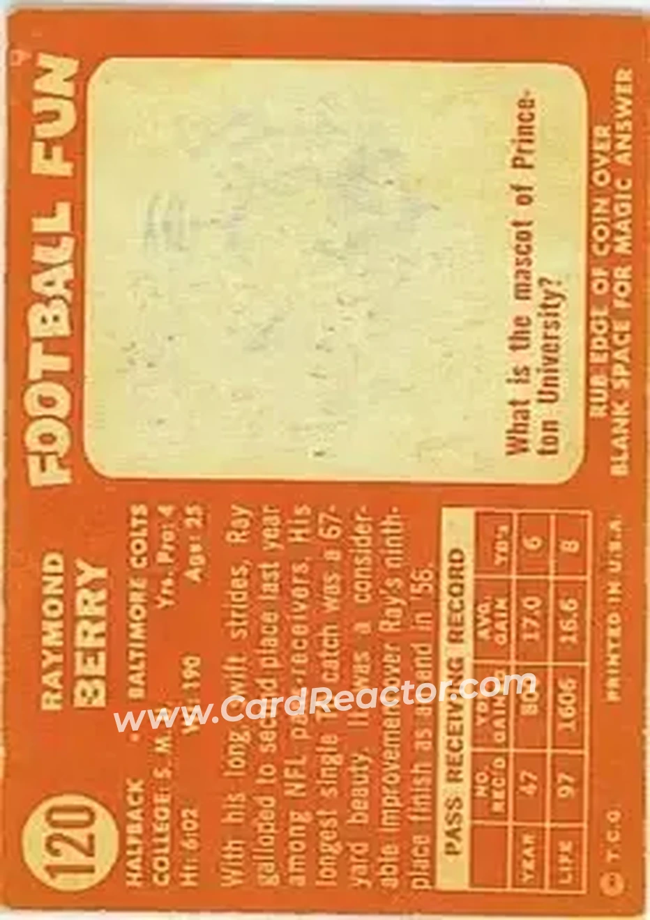 1958 Topps #120 - Raymond Berry - Baltimore Colts - Back