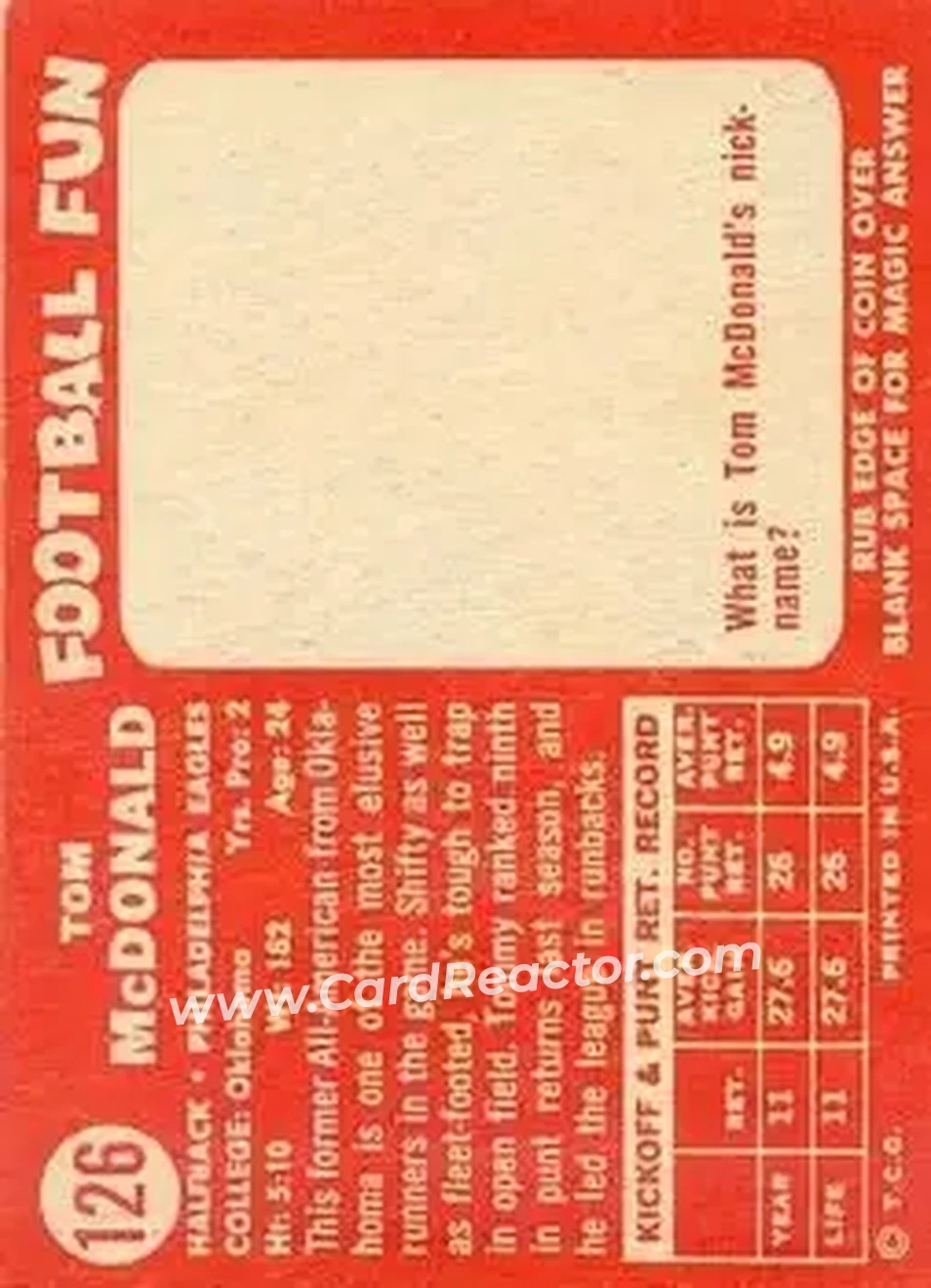 1958 Topps #126 - Tom McDonald - Philadelphia Eagles - Back
