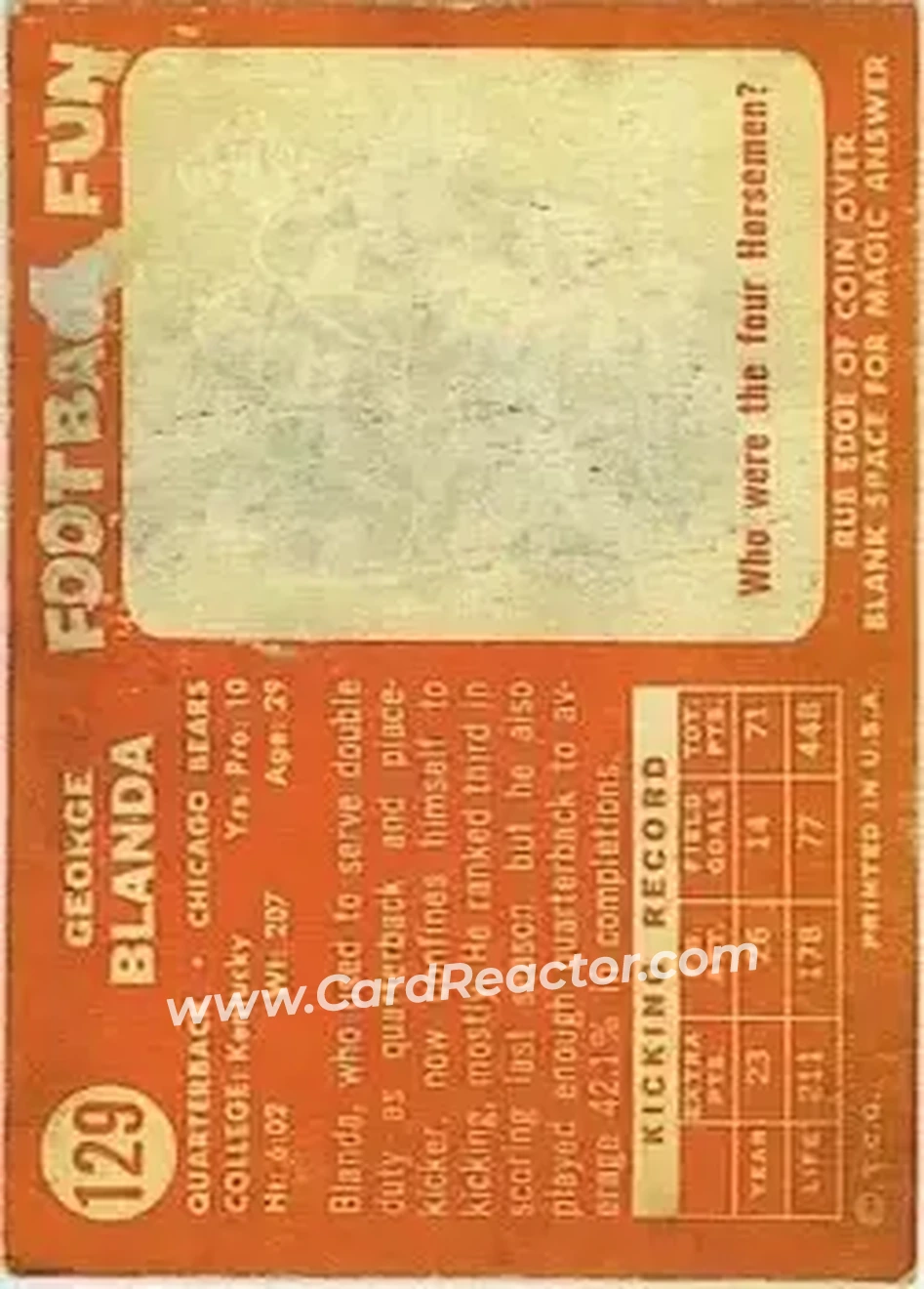 1958 Topps #129 - George Blanda - Chicago Bears - Back