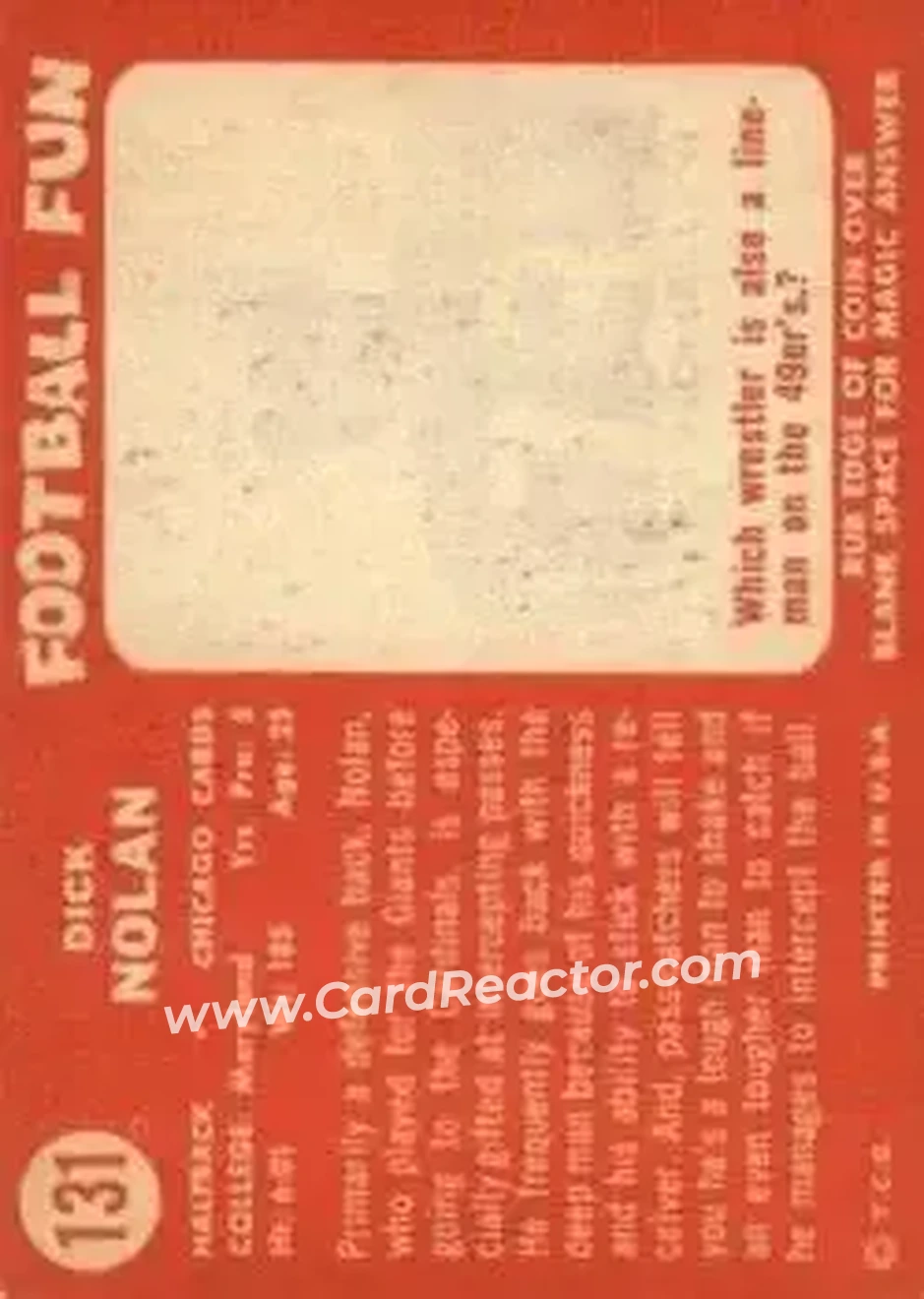 1958 Topps #131 - Dick Nolan - Chicago Cardinals - Back