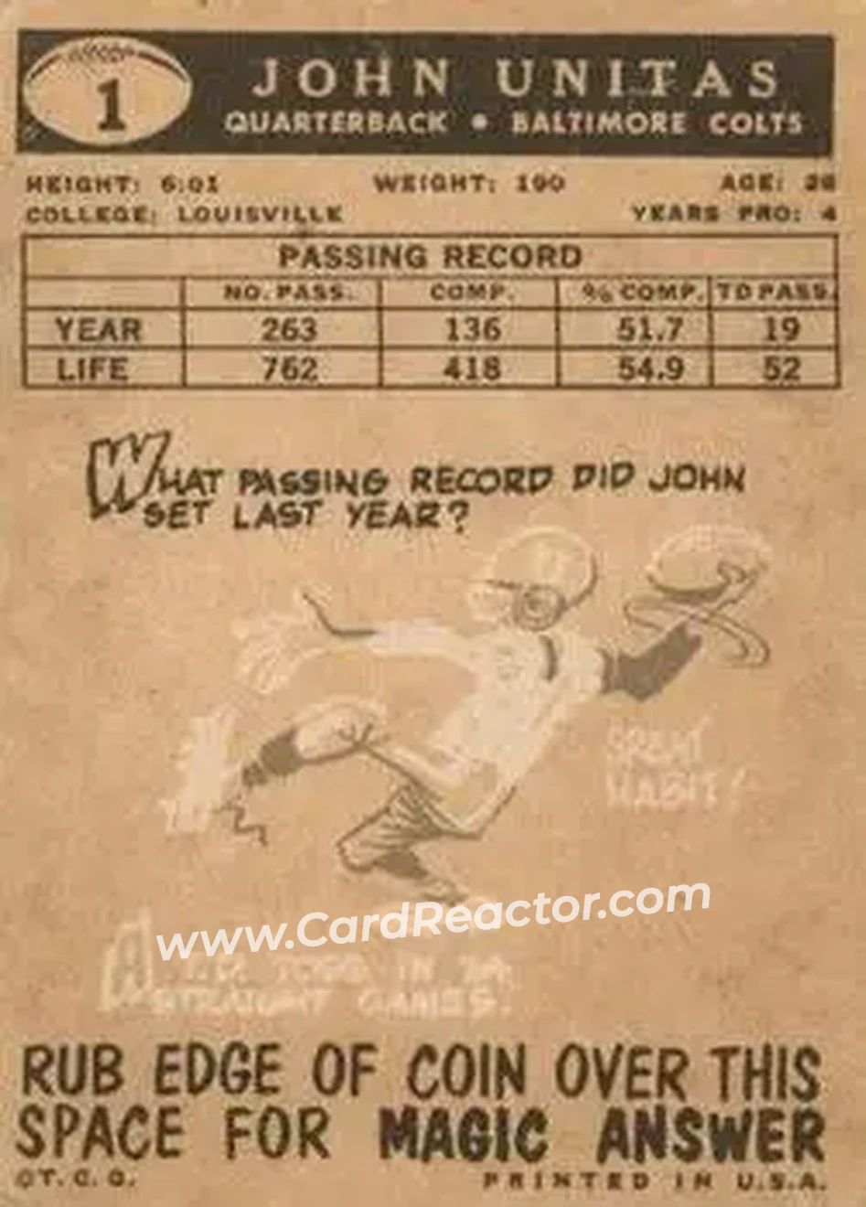 1959 Topps #1 - John Unitas - Baltimore Colts - Back