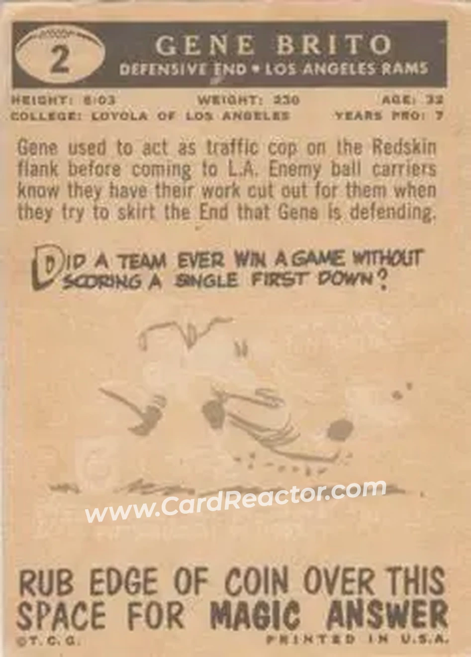 1959 Topps #2 - Gene Brito - Los Angeles Rams - Back