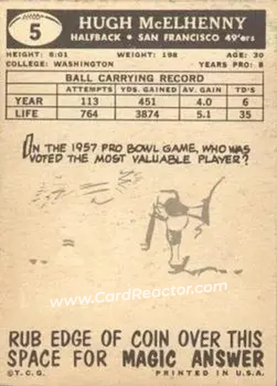 1959 Topps #5 - Hugh McElhenny - San Francisco 49ers - Back