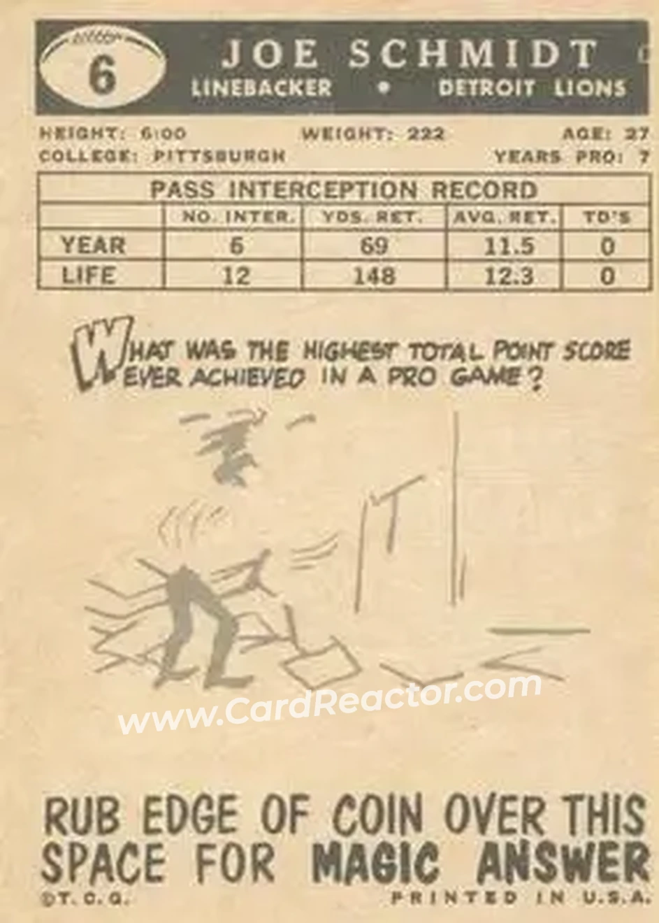 1959 Topps #6 - Joe Schmidt - Detroit Lions - Back