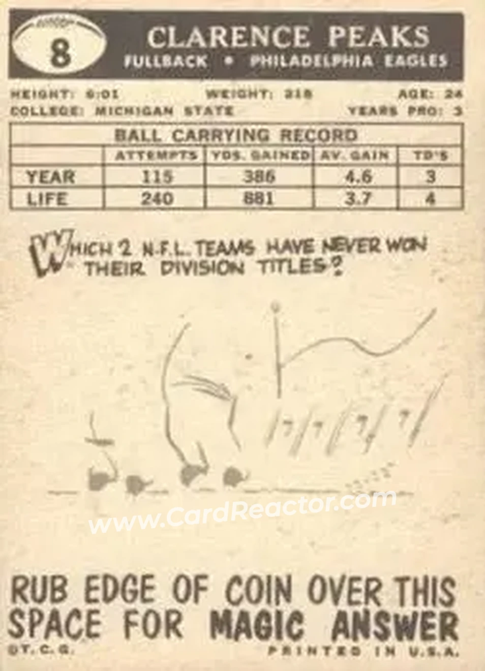 1959 Topps #8 - Clarence Peaks - Philadelphia Eagles - Back