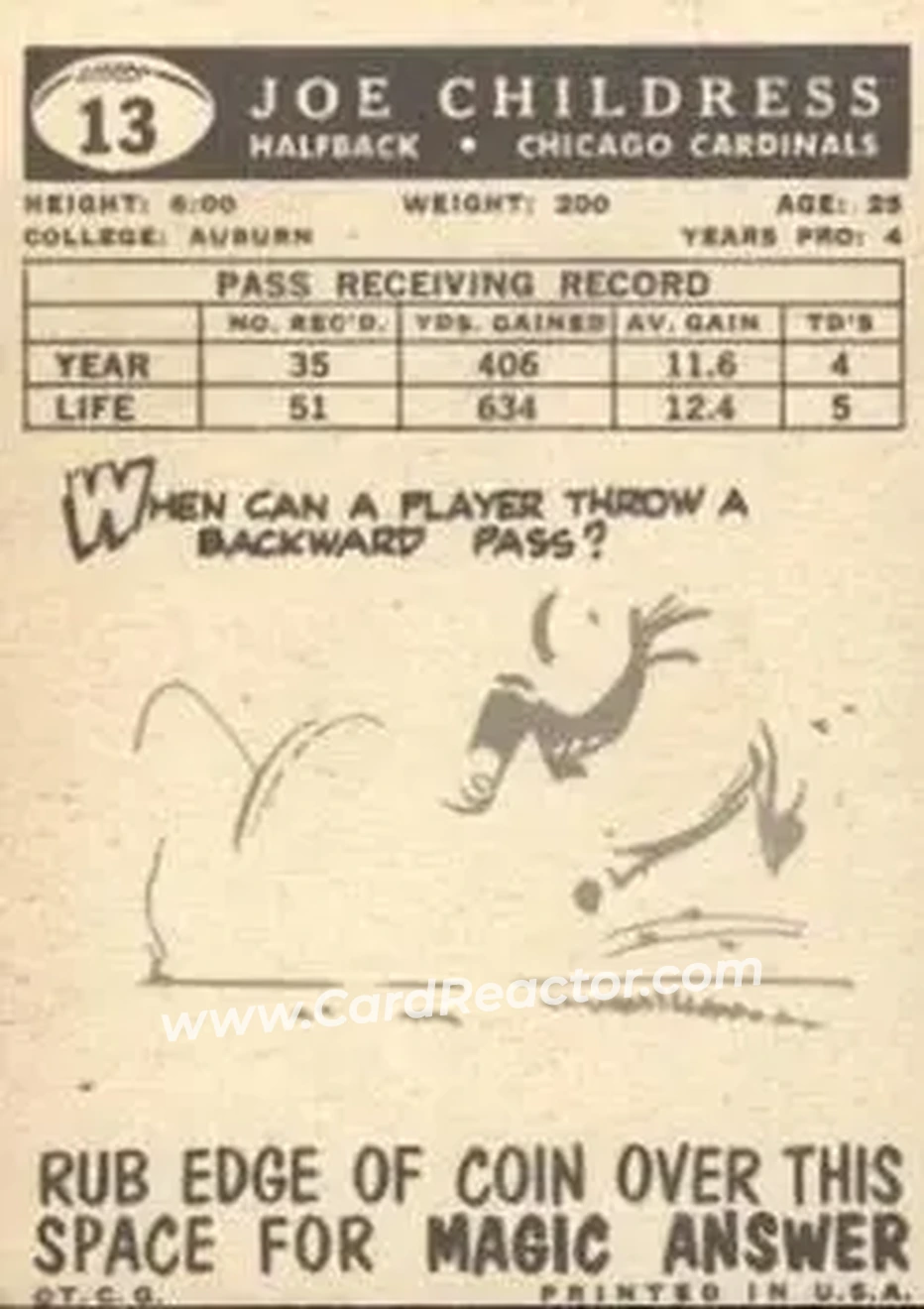 1959 Topps #13 - Joe Childress - Chicago Cardinals - Back