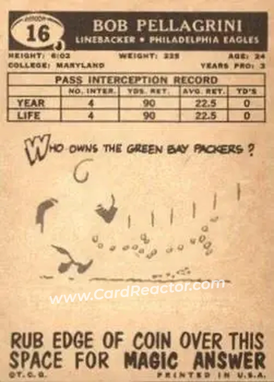 1959 Topps #16 - Bob Pellegrini - Philadelphia Eagles - Back