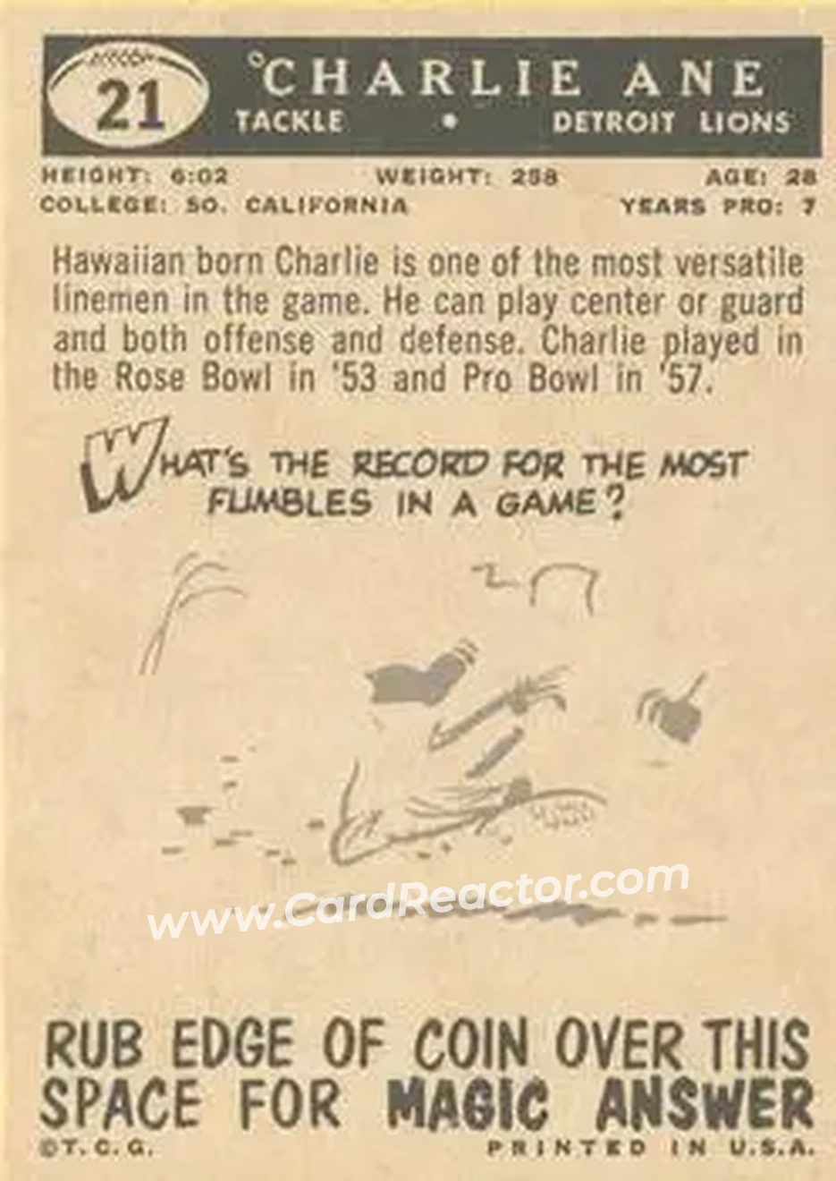 1959 Topps #21 - Charlie Ane - Detroit Lions - Back