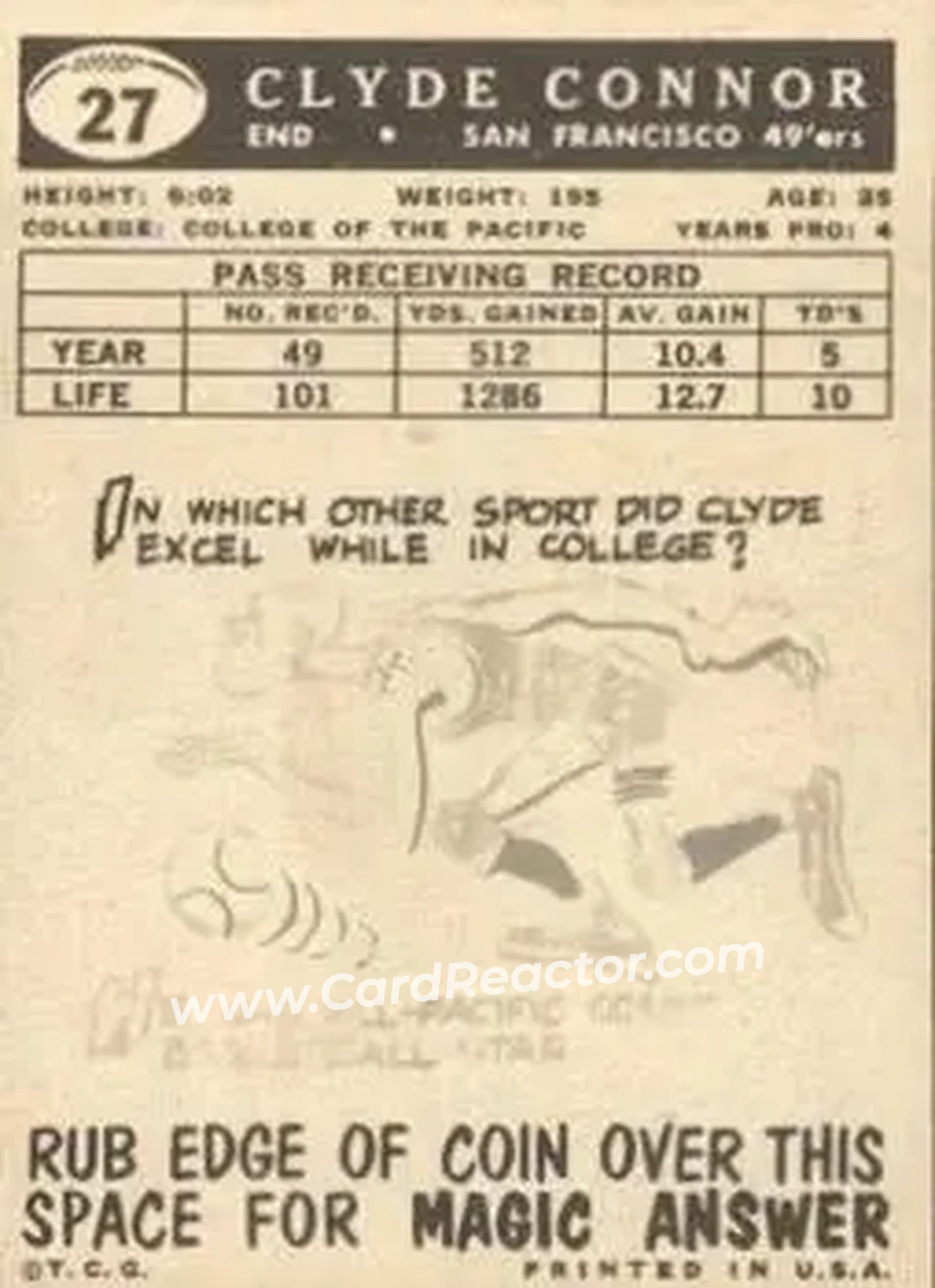 1959 Topps #27 - Clyde Conner - San Francisco 49ers - Back