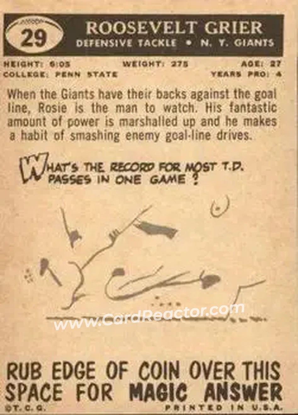 1959 Topps #29 - Roosevelt Grier - New York Giants - Back