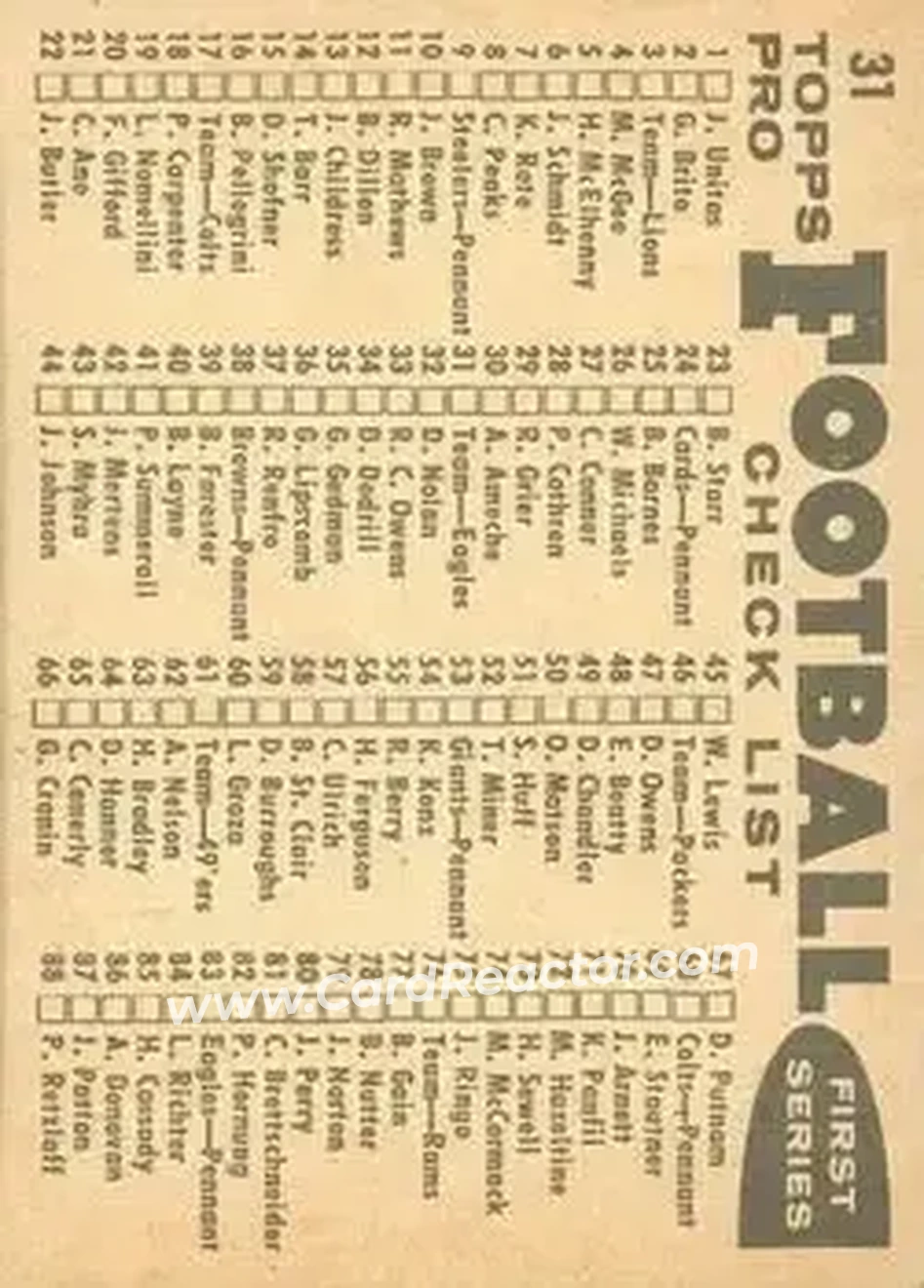 1959 Topps #31 - Card #31 - Philadelphia Eagles - Back