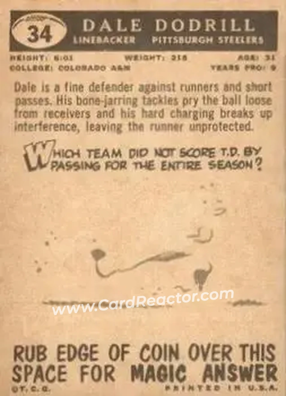 1959 Topps #34 - Dale Dodrill - Pittsburgh Steelers - Back