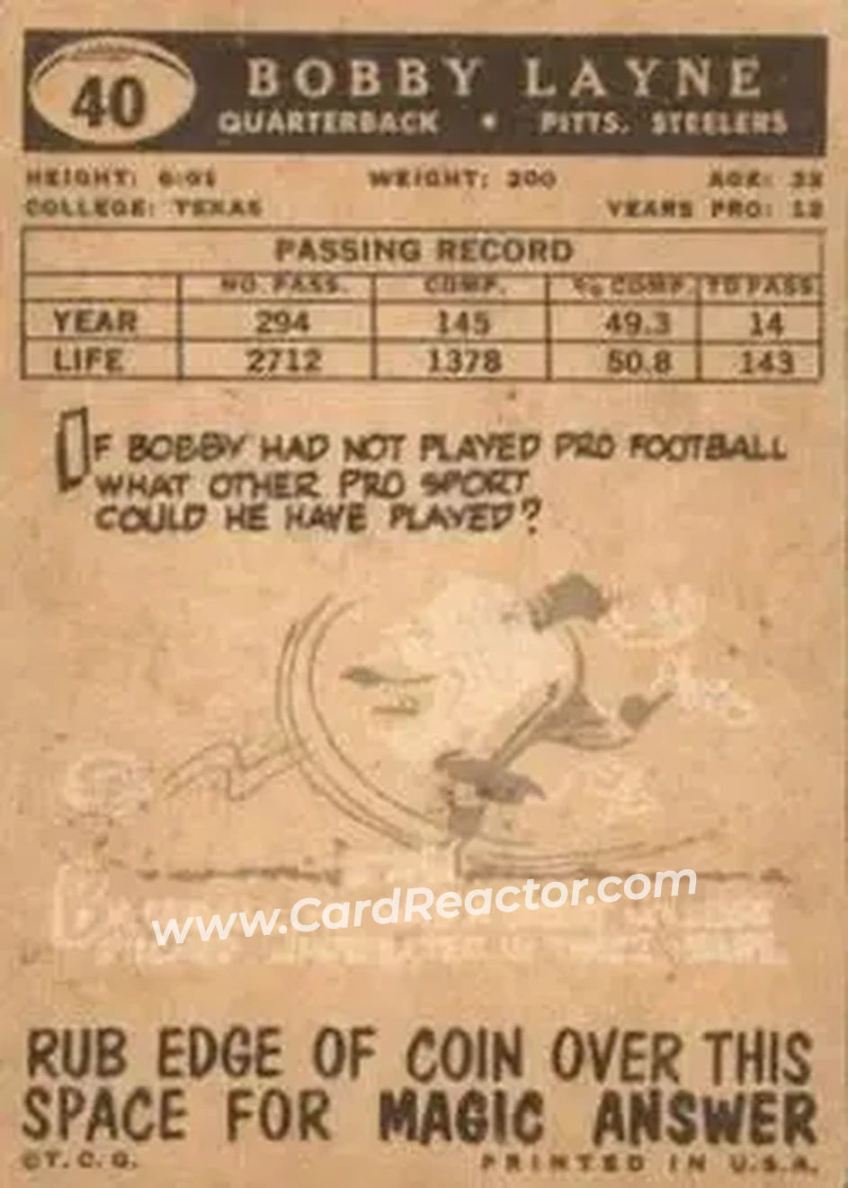 1959 Topps #40 - Bobby Layne - Pittsburgh Steelers - Back