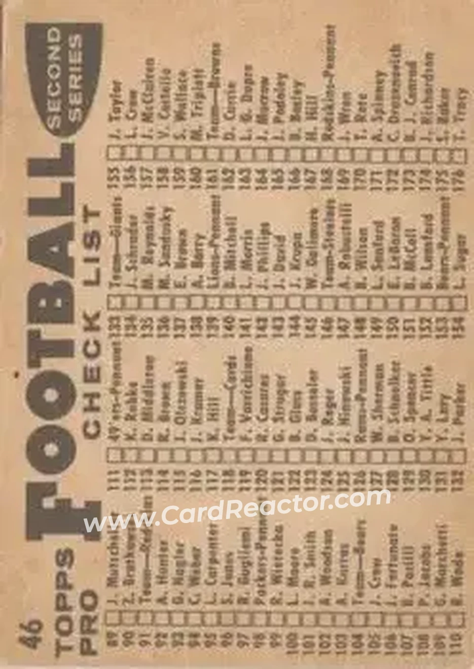 1959 Topps #46 - Card #46 - Green Bay Packers - Back