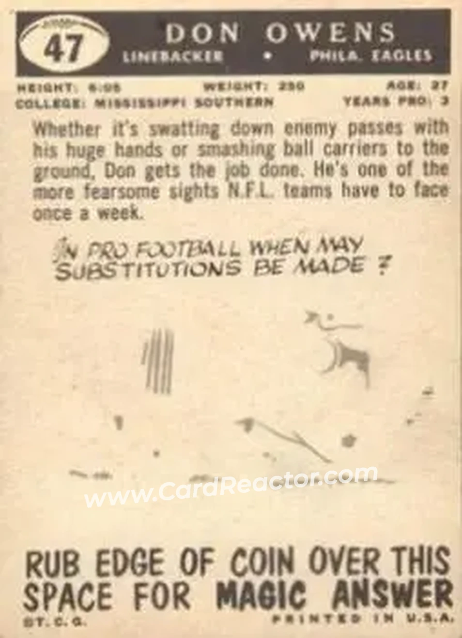 1959 Topps #47 - Don Owens - Philadelphia Eagles - Back