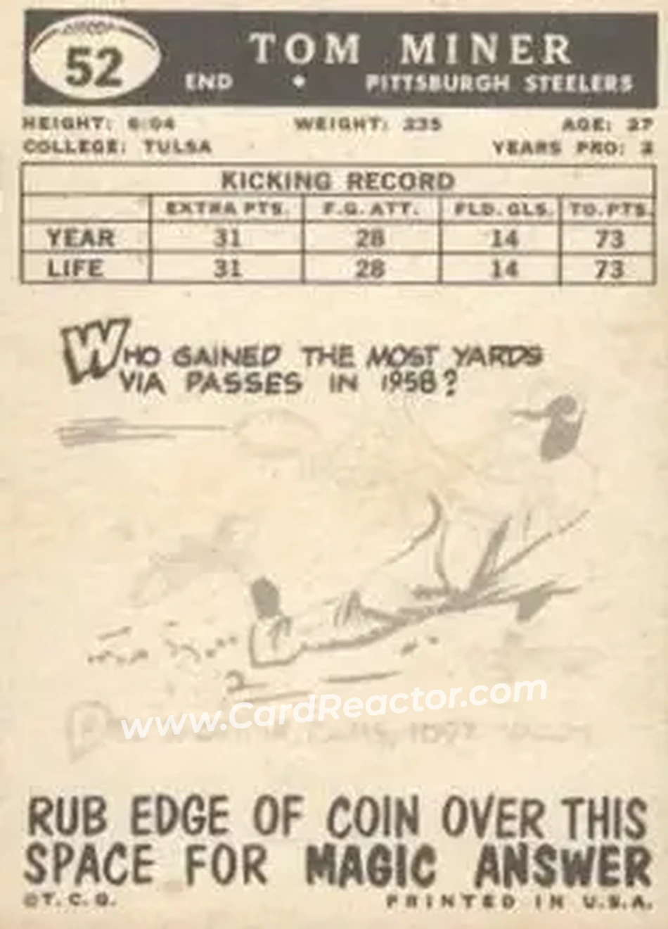 1959 Topps #52 - Tom Miner - Pittsburgh Steelers - Back