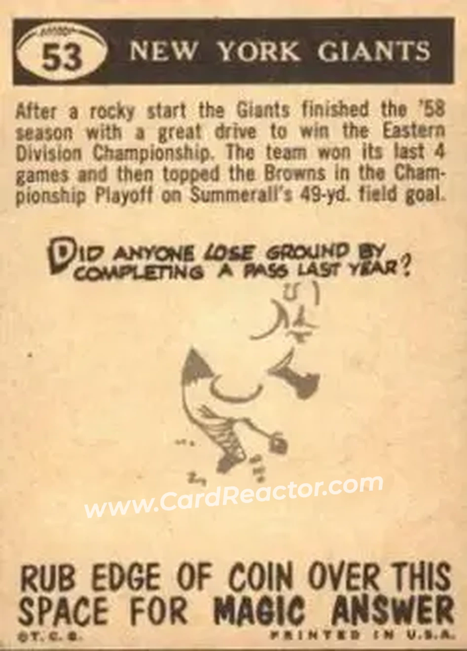 1959 Topps #53 - Card #53 - New York Giants - Back