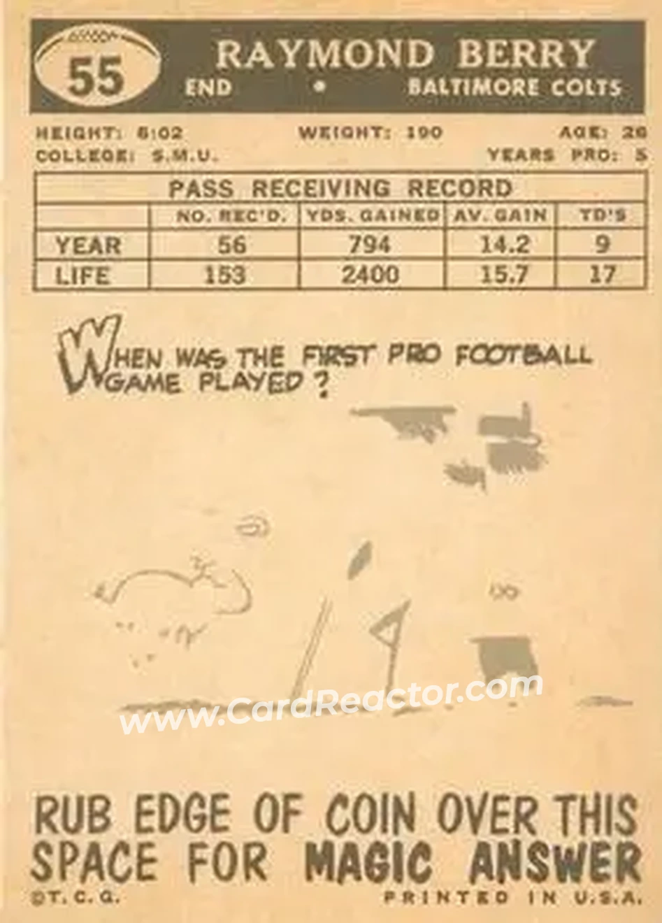 1959 Topps #55 - Raymond Berry - Baltimore Colts - Back