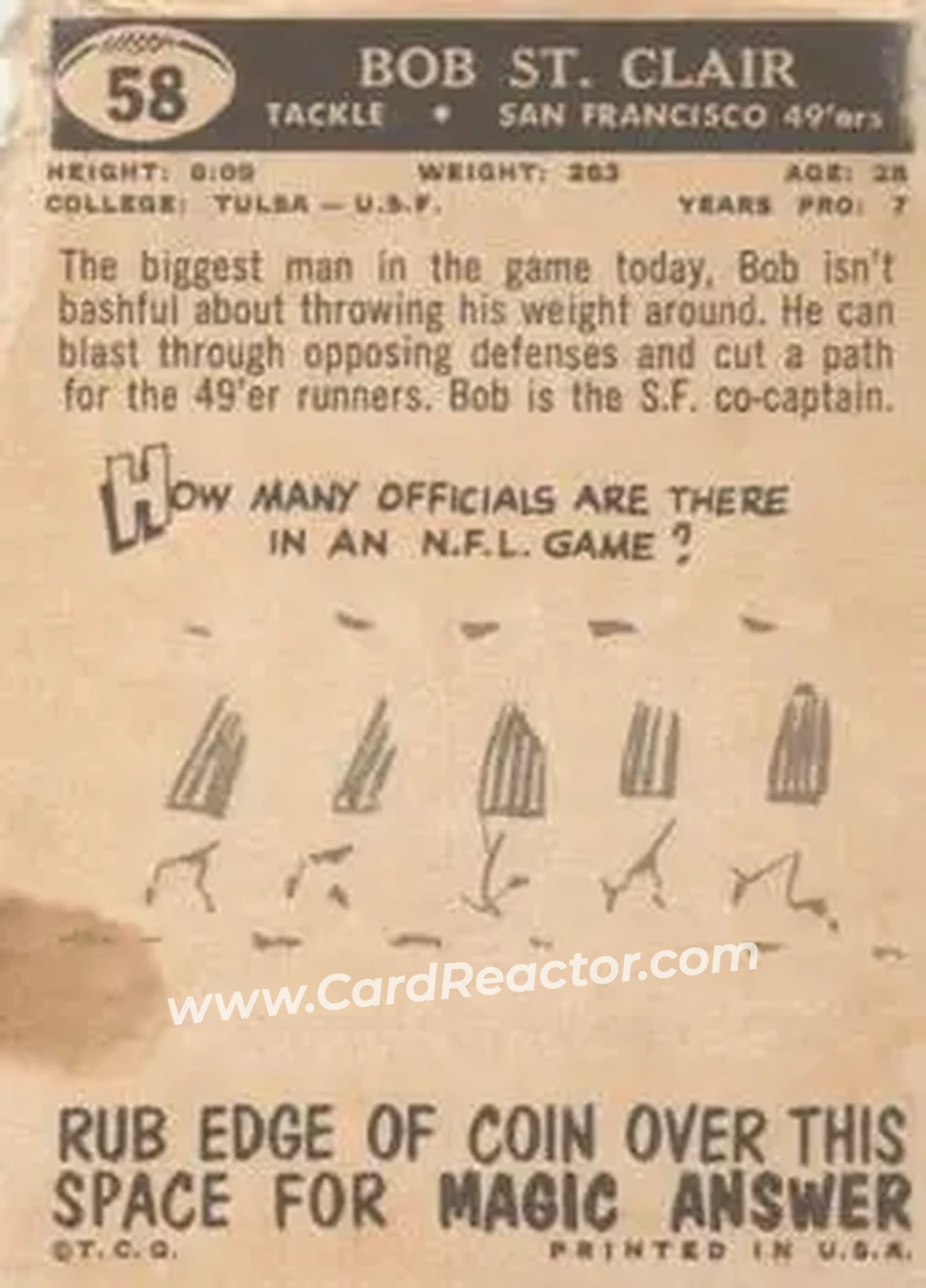 1959 Topps #58 - Bob St. Clair - San Francisco 49ers - Back