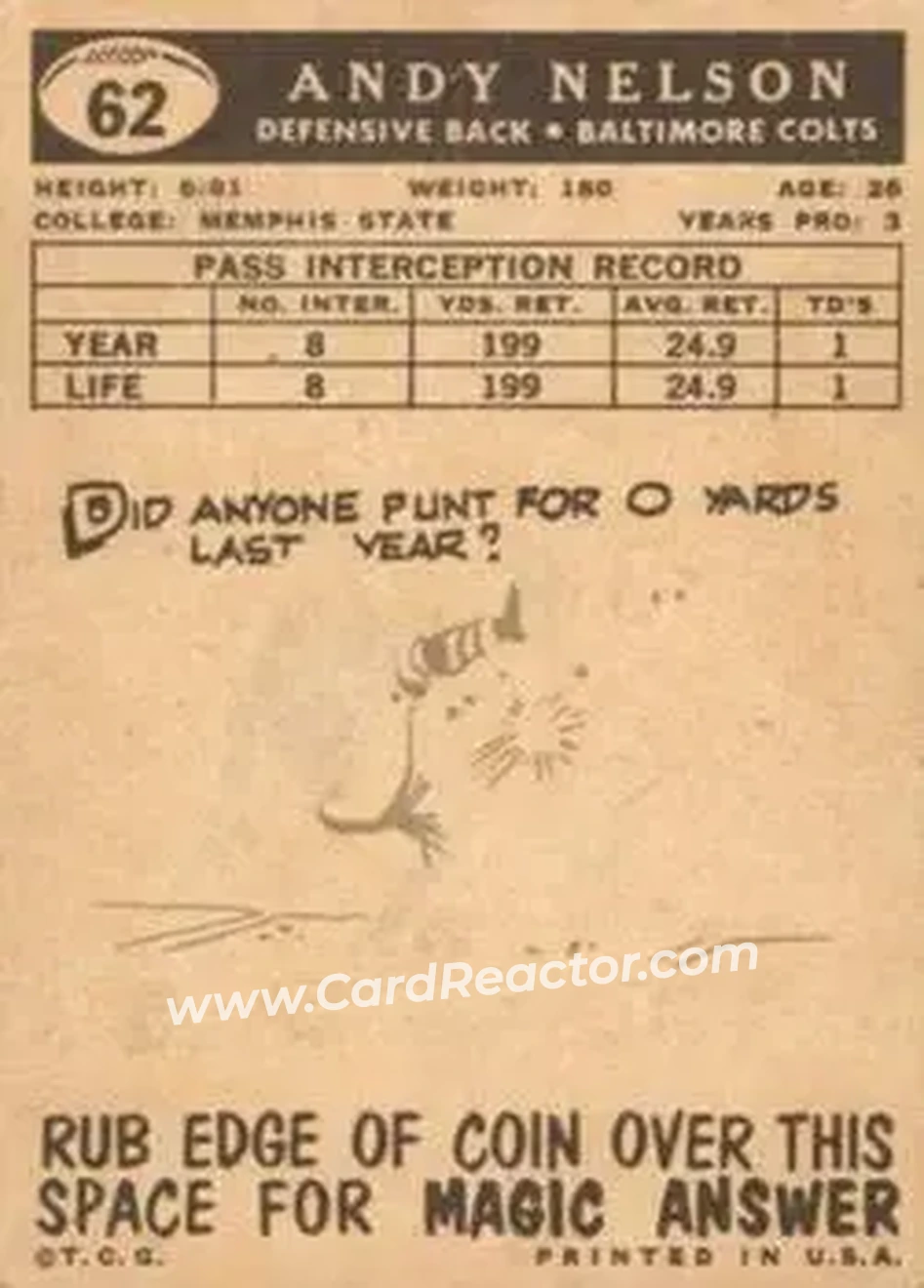 1959 Topps #62 - Andy Nelson - Baltimore Colts - Back