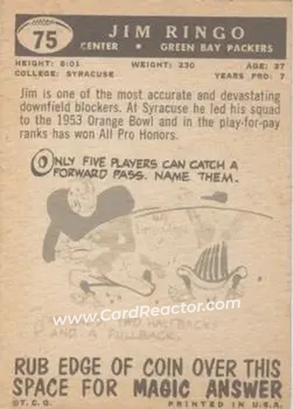 1959 Topps #75 - Jim Ringo - Green Bay Packers - Back