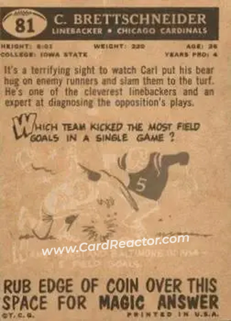 1959 Topps #81 - Carl Brettschneider - Chicago Cardinals - Back