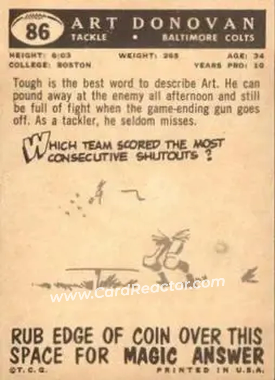 1959 Topps #86 - Art Donovan - Baltimore Colts - Back
