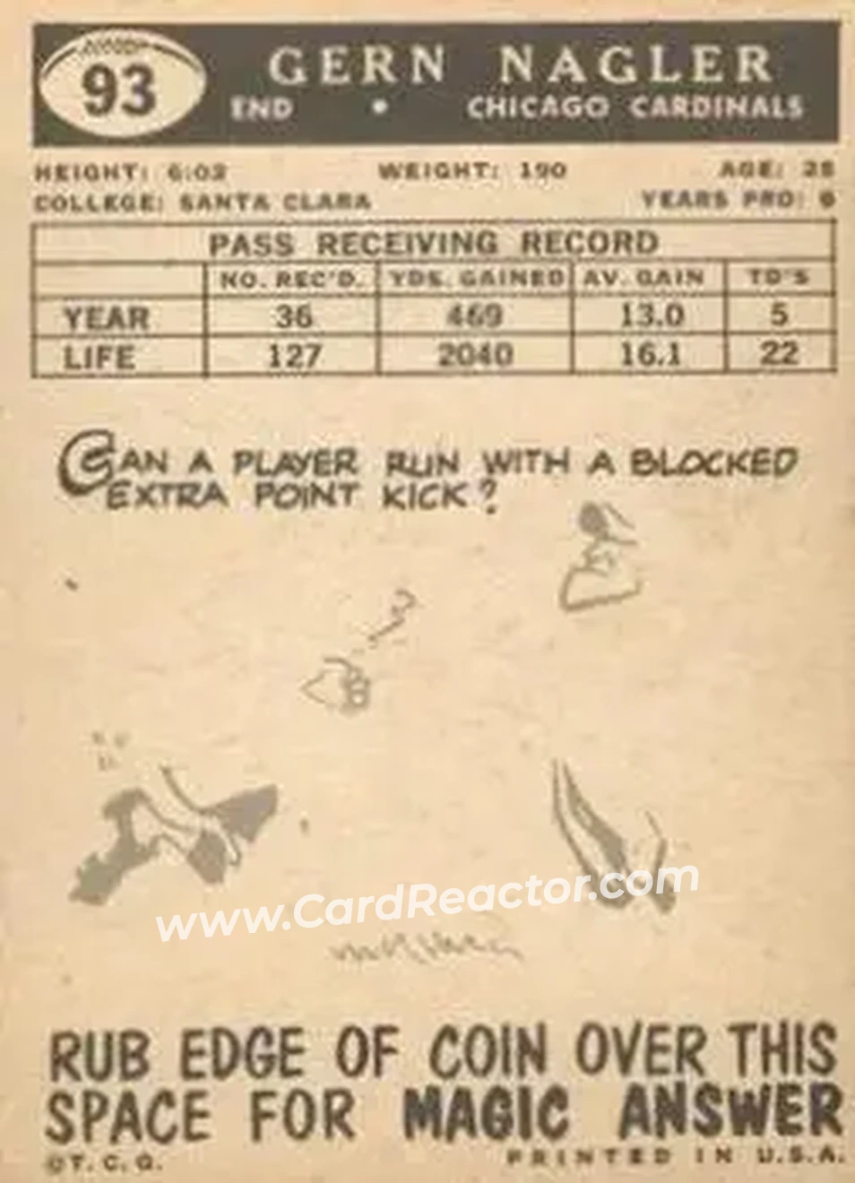 1959 Topps #93 - Gern Nagler - Chicago Cardinals - Back
