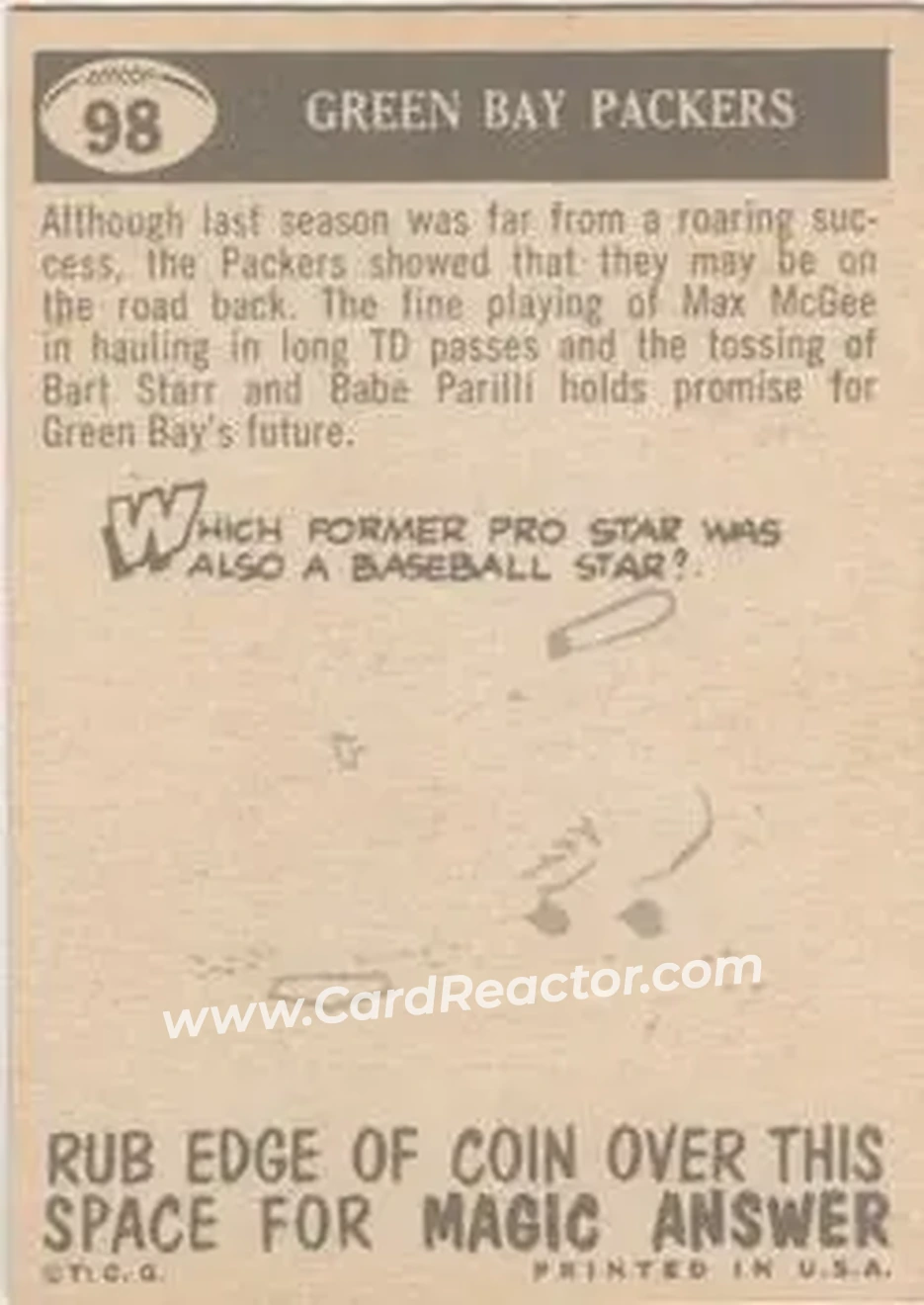 1959 Topps #98 - Card #98 - Green Bay Packers - Back