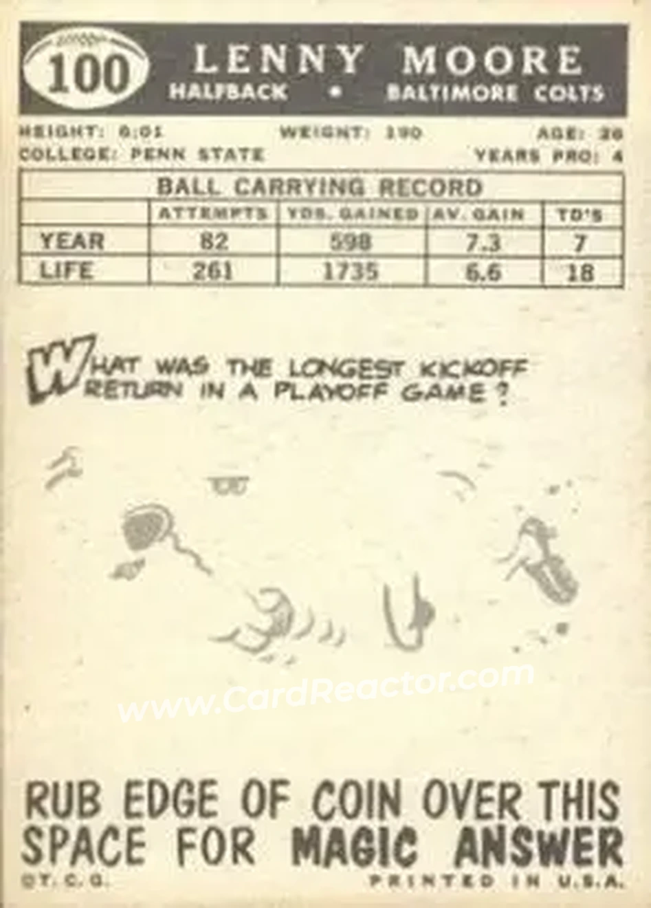 1959 Topps #100 - Lenny Moore - Baltimore Colts - Back
