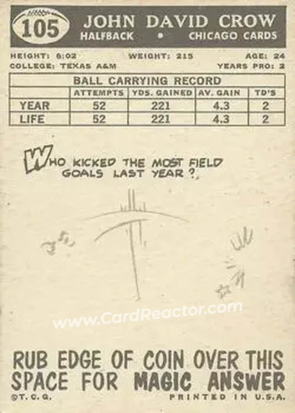 1959 Topps #105 - John David Crow - Chicago Cardinals - Back