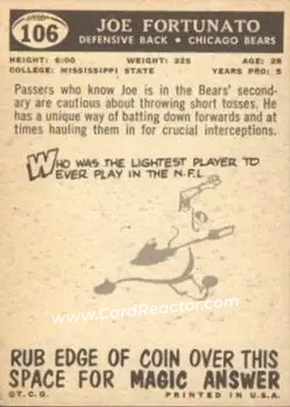 1959 Topps #106 - Joe Fortunato - Chicago Bears - Back