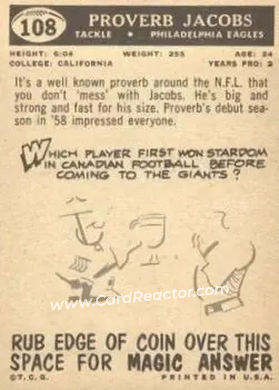 1959 Topps #108 - Proverb Jacobs - Philadelphia Eagles - Back
