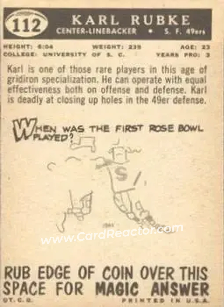 1959 Topps #112 - Karl Rubke - San Francisco 49ers - Back