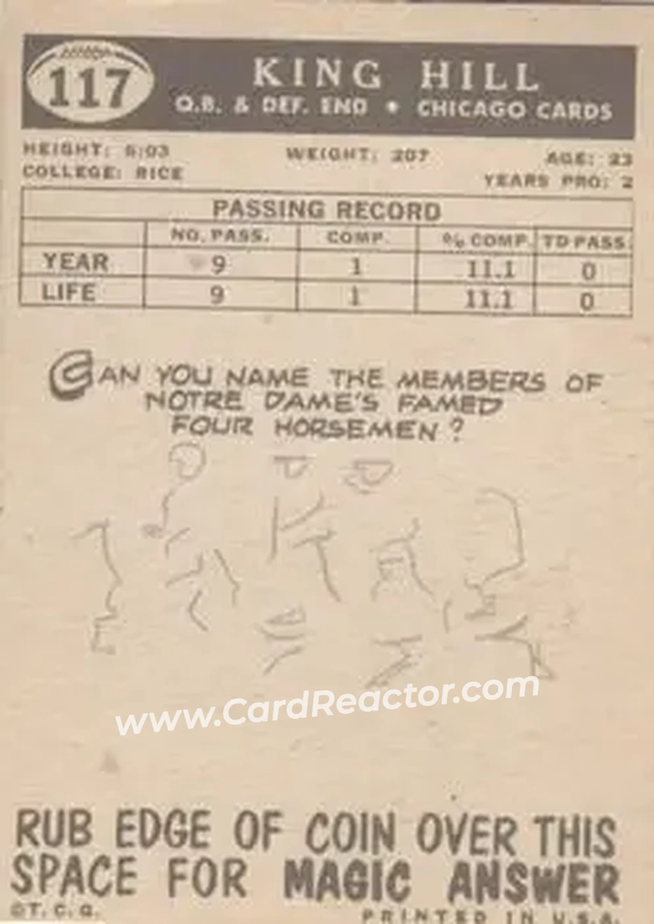 1959 Topps #117 - King Hill - Chicago Cardinals - Back