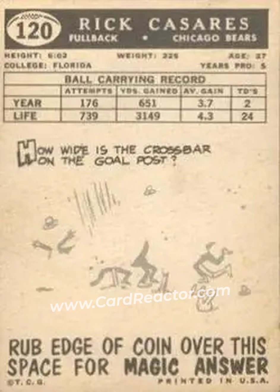 1959 Topps #120 - Rick Casares - Chicago Bears - Back