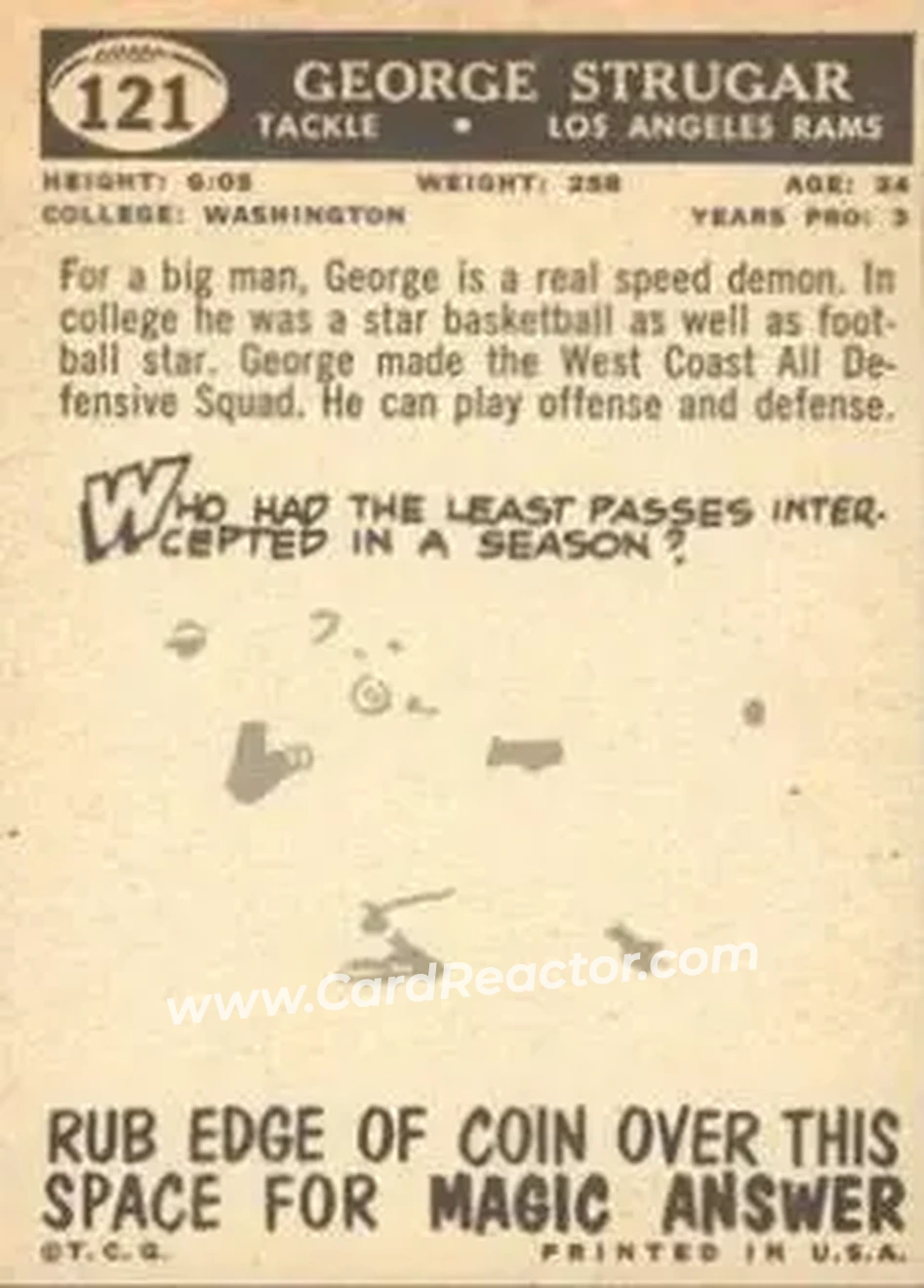 1959 Topps #121 - George Strugar - Los Angeles Rams - Back