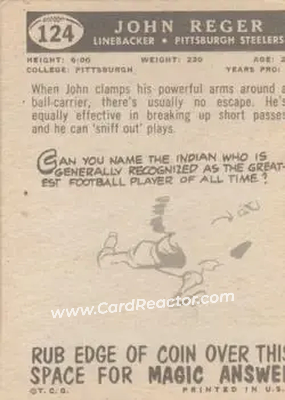 1959 Topps #124 - John Reger - Pittsburgh Steelers - Back