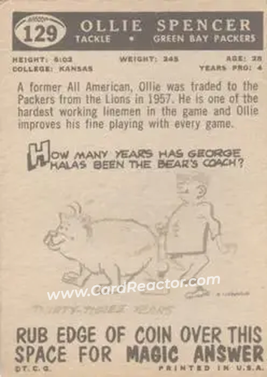 1959 Topps #129 - Ollie Spencer - Green Bay Packers - Back