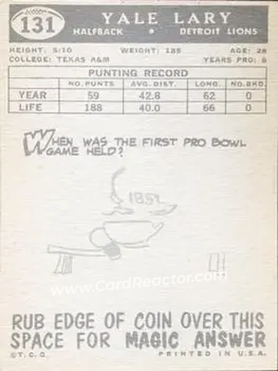 1959 Topps #131 - Yale Lary - Detroit Lions - Back