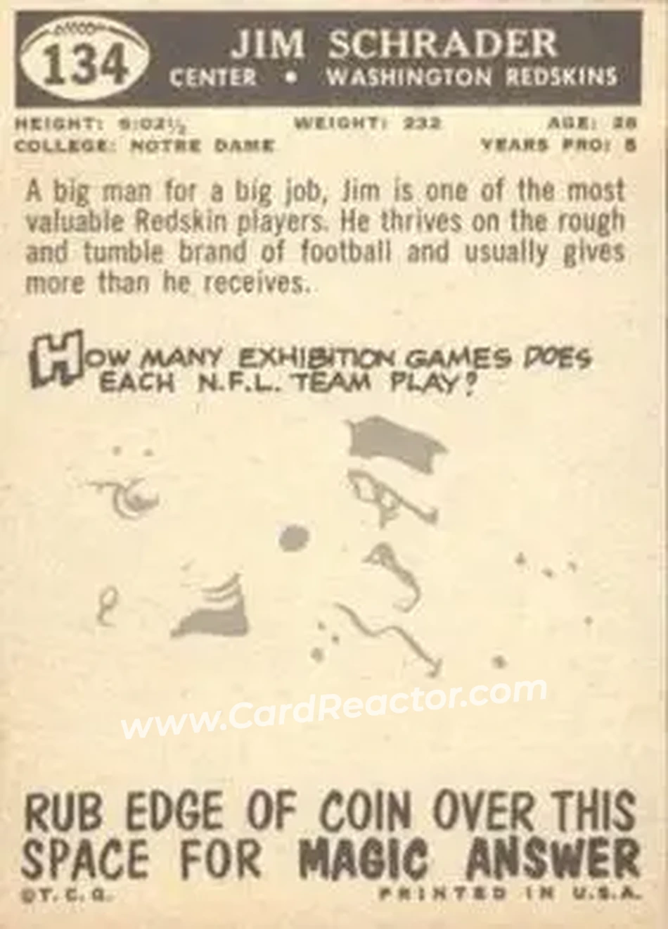 1959 Topps #134 - Jim Schrader - Washington Redskins - Back