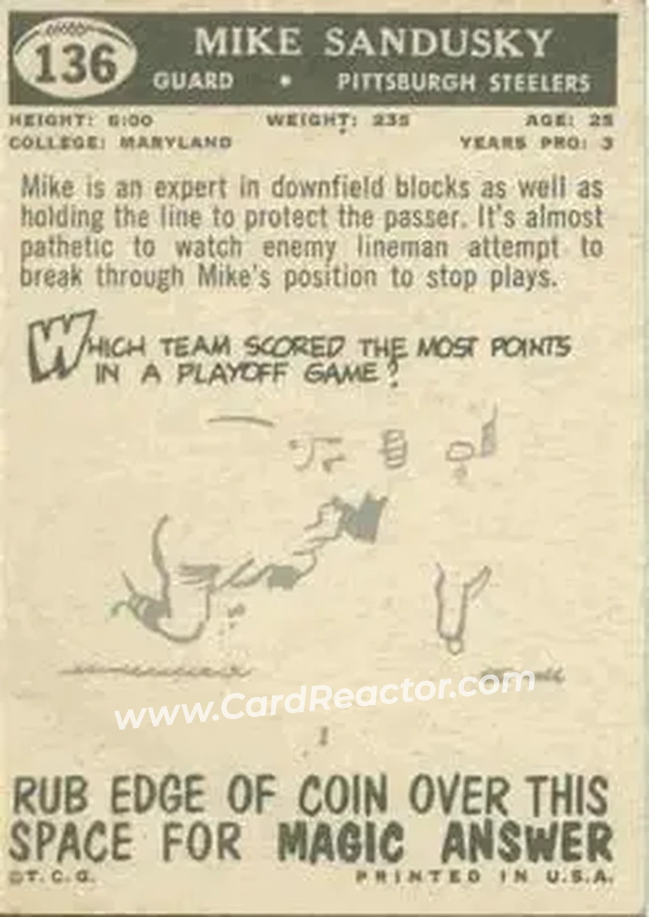 1959 Topps #136 - Mike Sandusky - Pittsburgh Steelers - Back